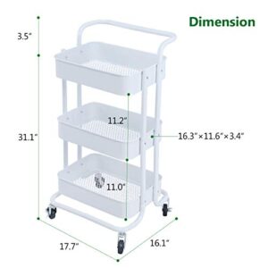 3-Tier Metal Mesh Rolling Cart Storage Organizer with Utility Handle and Wheels, White