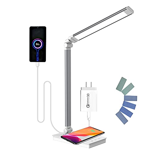 LSOSH Multifunctional Led Desk Lamp with 10w Fast Wireless Charger, USB Charging Port for Home Office-Adapter Included, 5 Lighting Modes 10 Brightness Levels, Eye-Caring 45min Auto Timer Touch Control