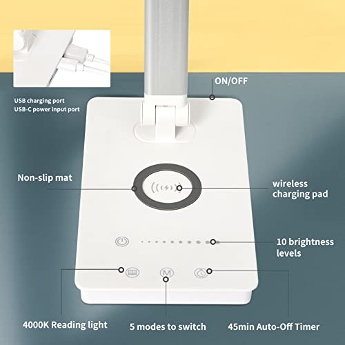 LSOSH Multifunctional Led Desk Lamp with 10w Fast Wireless Charger, USB Charging Port for Home Office-Adapter Included, 5 Lighting Modes 10 Brightness Levels, Eye-Caring 45min Auto Timer Touch Control