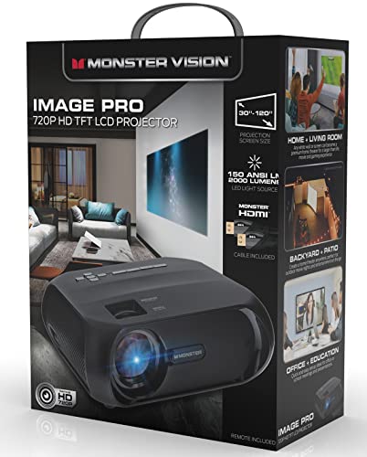 Monster Image Pro Extra-Bright LCD Projector, 2000 Lumens, Projects Up to 16ft, Max Resolution: 1080 HD, Universal Image/Audio/Video Support, AV/USB/HDMI/SD Input