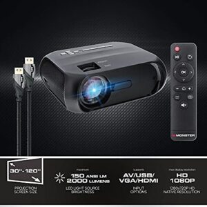 Monster Image Pro Extra-Bright LCD Projector, 2000 Lumens, Projects Up to 16ft, Max Resolution: 1080 HD, Universal Image/Audio/Video Support, AV/USB/HDMI/SD Input