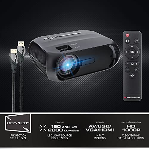 Monster Image Pro Extra-Bright LCD Projector, 2000 Lumens, Projects Up to 16ft, Max Resolution: 1080 HD, Universal Image/Audio/Video Support, AV/USB/HDMI/SD Input