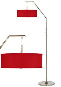 possini euro design modern downbridge arc floor lamp 71 1/2″ tall brushed nickel silver metal red textured faux silk drum shade decor for living room reading house bedroom home office house