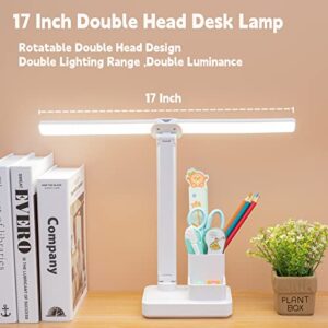 LED Double Head Desk Lamp, Small Desk Lamp for Home Office, White Desk Light for Kids, Desk Lamps with 3 Lighting Modes, Pen Holder, 60 inch Long Cable,Table Lamp for Reading, Studying, Dormitory