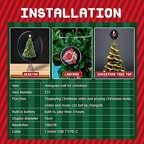 3D Hologram Fan Christmas Ball Ornaments for Xmas Tree, 5.9" Christmas Tree Topper Lighted, Built-in Bluetooth 3D Holographic Display Christmas Theme Video, Decorative Hanging Ball Gfit for Kids