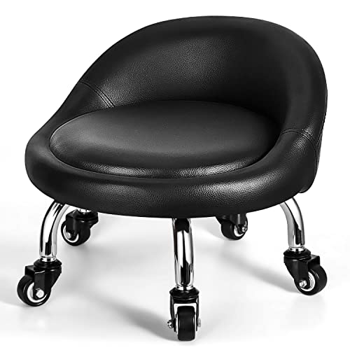 FLOLXNB Low Roller Seat Stool with Backrest, Movable Low Height Rolling Chair, Movable Stool Heavy-Duty and Sturdy, 360 Rotating Roller Seat for Garage Shop Home Office, Leather Cushion