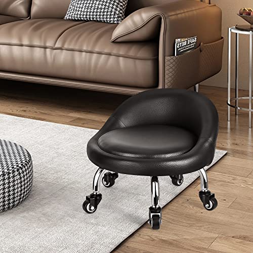 FLOLXNB Low Roller Seat Stool with Backrest, Movable Low Height Rolling Chair, Movable Stool Heavy-Duty and Sturdy, 360 Rotating Roller Seat for Garage Shop Home Office, Leather Cushion