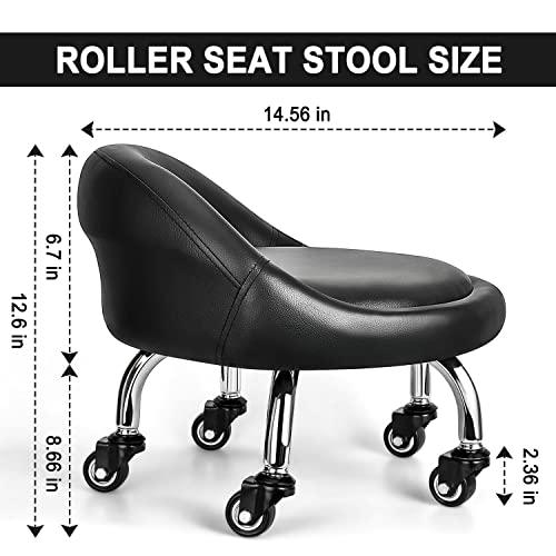 FLOLXNB Low Roller Seat Stool with Backrest, Movable Low Height Rolling Chair, Movable Stool Heavy-Duty and Sturdy, 360 Rotating Roller Seat for Garage Shop Home Office, Leather Cushion