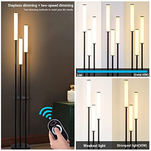 LED Floor Lamp, Modern Floor Lamp with Remote Control& Stepless Dimmable, 3-Light with Foot Switch, Brightness Adjustable Standing Lamp for Living Room, Bedroom, Study and Office.