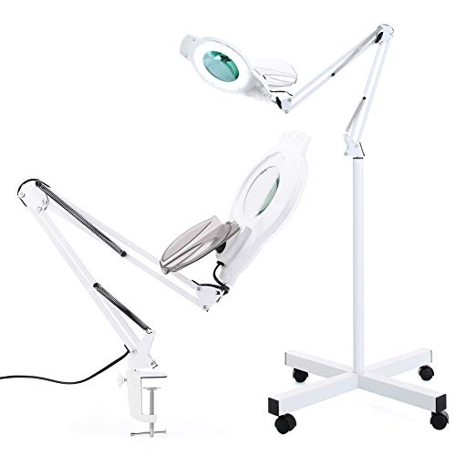 KIRKAS 5X Magniyfing Floor Lamp with 4 Wheel Rolling Base 2,200 Lumens Super Bright Glass Lens LED Magnifier, Adjustable Stand & Swivel Arm Floor Lamp for Estheticians, Reading, Crafts, Tasks- White