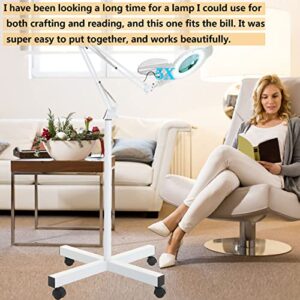 KIRKAS 5X Magniyfing Floor Lamp with 4 Wheel Rolling Base 2,200 Lumens Super Bright Glass Lens LED Magnifier, Adjustable Stand & Swivel Arm Floor Lamp for Estheticians, Reading, Crafts, Tasks- White