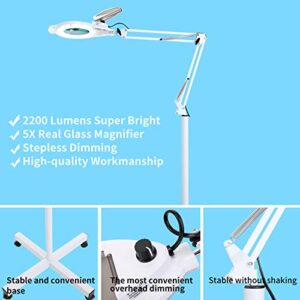 KIRKAS 5X Magniyfing Floor Lamp with 4 Wheel Rolling Base 2,200 Lumens Super Bright Glass Lens LED Magnifier, Adjustable Stand & Swivel Arm Floor Lamp for Estheticians, Reading, Crafts, Tasks- White