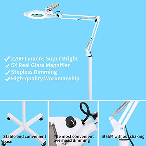 KIRKAS 5X Magniyfing Floor Lamp with 4 Wheel Rolling Base 2,200 Lumens Super Bright Glass Lens LED Magnifier, Adjustable Stand & Swivel Arm Floor Lamp for Estheticians, Reading, Crafts, Tasks- White