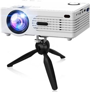 moseco 2022 upgraded 7500lumens mini projector, full hd 1080p & 200″ display supported, portable movie projector compatible with phone, tv stick, ps4, hdmi, av, dual usb [tripod included]