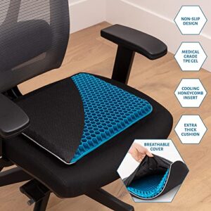 Gel Seat Cushion for Long Sitting - Honeycomb Cooling Pad with 1.2" Inches of Gel Padding & Padded Cover for Driving, Office Chair, Car or Wheelchair - Sciatica, Tailbone and Pressure Relief Pillow