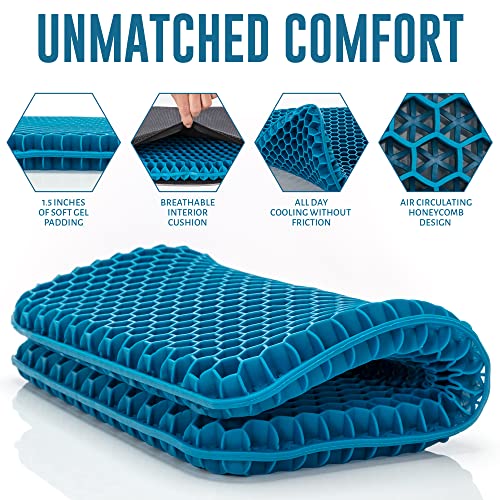 Gel Seat Cushion for Long Sitting - Honeycomb Cooling Pad with 1.2" Inches of Gel Padding & Padded Cover for Driving, Office Chair, Car or Wheelchair - Sciatica, Tailbone and Pressure Relief Pillow