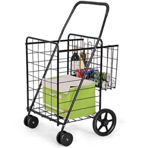 safstar folding shopping cart, metal grocery cart w/extra basket & 360° swivel wheels & non-slip handle, heavy duty utility cart for grocery laundry book luggage (black)