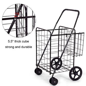 Safstar Folding Shopping Cart, Metal Grocery Cart w/Extra Basket & 360° Swivel Wheels & Non-Slip Handle, Heavy Duty Utility Cart for Grocery Laundry Book Luggage (Black)