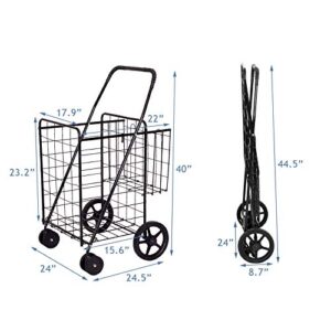 Safstar Folding Shopping Cart, Metal Grocery Cart w/Extra Basket & 360° Swivel Wheels & Non-Slip Handle, Heavy Duty Utility Cart for Grocery Laundry Book Luggage (Black)