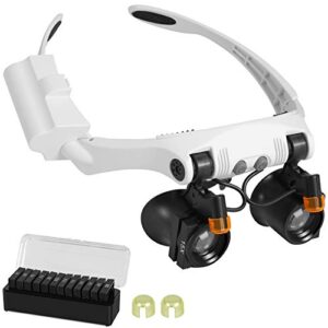 head mount magnifier, headband led illuminated magnifier with interchangeable cold and warm lights, magnifying glass lamp with 3x, 4x, 5x, 6x, 7x, 10x, 6 detachable lens, for close work, jewelry