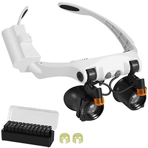 Head Mount Magnifier, Headband LED Illuminated Magnifier with Interchangeable Cold and Warm Lights, Magnifying Glass Lamp with 3X, 4X, 5X, 6X, 7X, 10X, 6 Detachable Lens, for Close Work, Jewelry