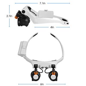 Head Mount Magnifier, Headband LED Illuminated Magnifier with Interchangeable Cold and Warm Lights, Magnifying Glass Lamp with 3X, 4X, 5X, 6X, 7X, 10X, 6 Detachable Lens, for Close Work, Jewelry