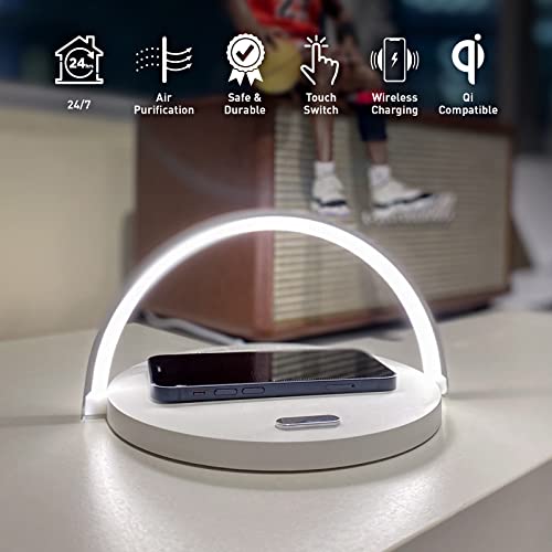 Qivation TiO2 Multifunctional Desk Lamp with Wireless Charger, Japan Tech 24/7 Air Purification, LED lamp 3 Brightness Levels, Phone Stand, Eye-Caring Night Light Qi Comp. for Home & Office