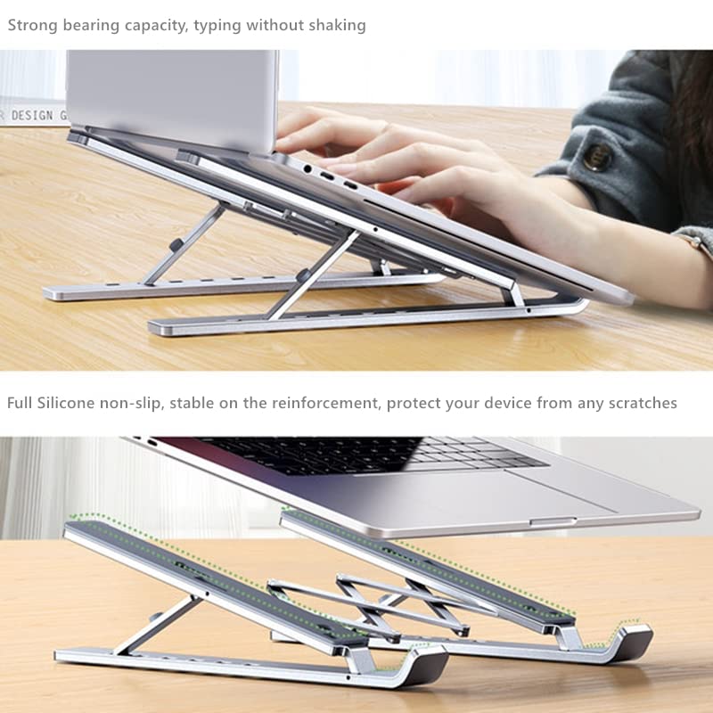 6-Levels Adjustable Laptop Stand, Gogobuddy Upgraded Full Silicone Non-Slip Laptop Stand for Desk Ergonomic Portable Notebook Holder Riser, Compatible with 10-17 inch Laptops and Tablets (Silver)