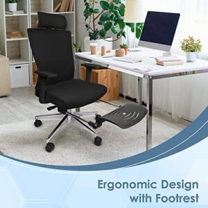 Ergonomic Office Chair with Footrest - Reclining Computer Desk Chair with Wheels for Adults, Lumbar Support, Fixed Arm Rests, Adjustable Height, Breathable Mesh Headrest & Back Rest