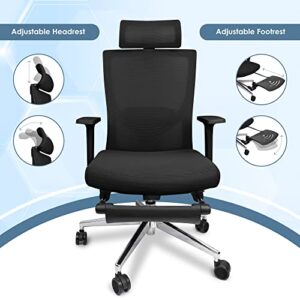 Ergonomic Office Chair with Footrest - Reclining Computer Desk Chair with Wheels for Adults, Lumbar Support, Fixed Arm Rests, Adjustable Height, Breathable Mesh Headrest & Back Rest