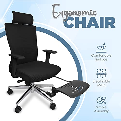 Ergonomic Office Chair with Footrest - Reclining Computer Desk Chair with Wheels for Adults, Lumbar Support, Fixed Arm Rests, Adjustable Height, Breathable Mesh Headrest & Back Rest