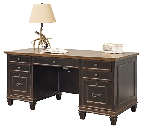 Martin Furniture Hartford Double Pedestal Shaped Desk, Brown - Fully Assembled & Hartford Lateral File Cabinet, Brown - Fully Assembled