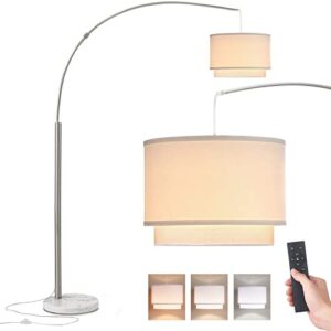 Arc Floor Lamps for Living Room with Remote - Tall Dimmable Arch Floor Lamp with Unique Hanging Double Drum Shade & Marble Base, Modern Corner Light for Bedroom Dining Room Reading (LED Bulb Included)