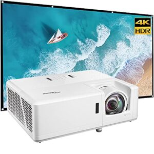 Optoma GT1090HDR Short Throw Laster Home Theater Projector Bundle with Minolta 120" Home Theater Projector Screen 16:9 Indoor Outdoor Folding with Mount Hooks