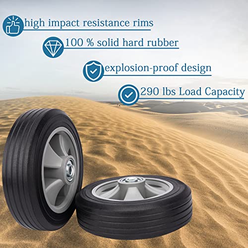 8”x 2”Flat Free Solid Rubber Wheel,Heavy Duty Solid Rubber Wheels Replacement Hand Truck Wheels with Ball Bearings and 1/2” Bore Hole Diameter,Hand Truck Tire 290 lbs Load Capacity (2-Pack)