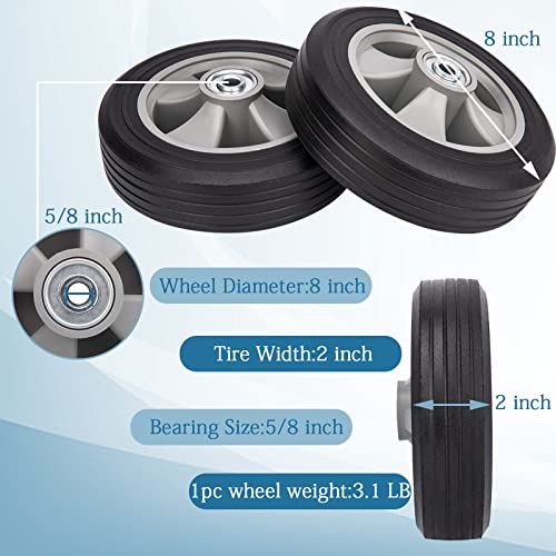 8”x 2”Flat Free Solid Rubber Wheel,Heavy Duty Solid Rubber Wheels Replacement Hand Truck Wheels with Ball Bearings and 1/2” Bore Hole Diameter,Hand Truck Tire 290 lbs Load Capacity (2-Pack)