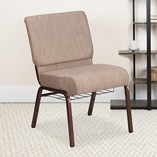 EMMA + OLIVER 21" W Church Chair, Beige Fabric Book Rack/Copper Vein Frame