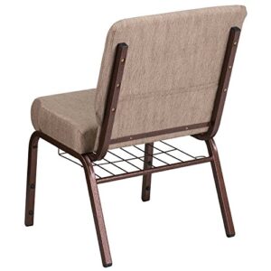 EMMA + OLIVER 21" W Church Chair, Beige Fabric Book Rack/Copper Vein Frame