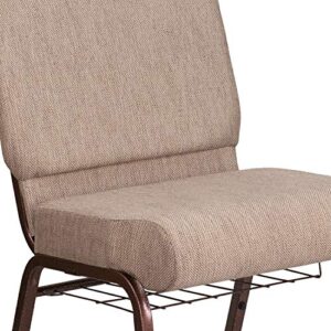 EMMA + OLIVER 21" W Church Chair, Beige Fabric Book Rack/Copper Vein Frame