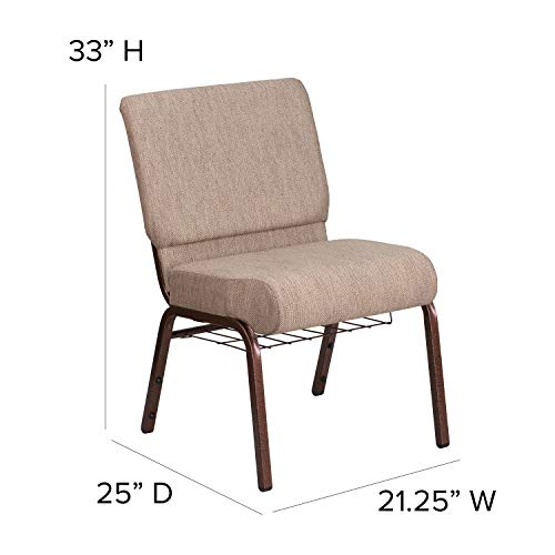 EMMA + OLIVER 21" W Church Chair, Beige Fabric Book Rack/Copper Vein Frame