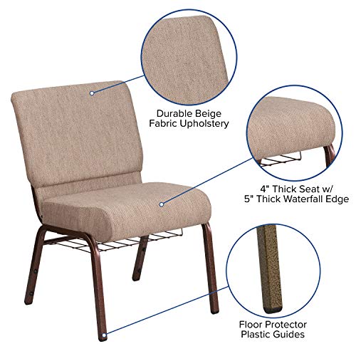 EMMA + OLIVER 21" W Church Chair, Beige Fabric Book Rack/Copper Vein Frame