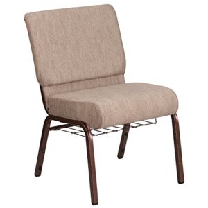 EMMA + OLIVER 21" W Church Chair, Beige Fabric Book Rack/Copper Vein Frame