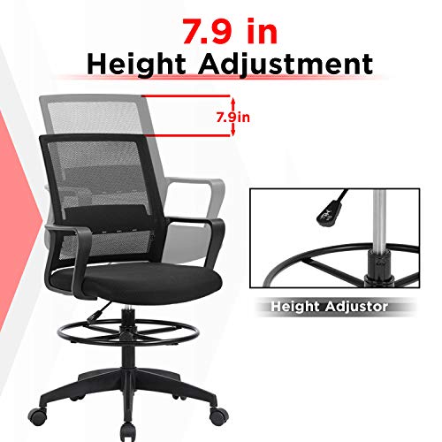 Drafting Chair Tall Office Chair Mesh Ergonomic Mid-Back Desk Chair with Adjustable Foot Ring for Executive Computer Standing Desk, Black