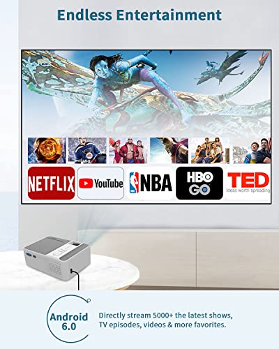 Mini 1080p Projector with WiFi and Bluetooth Outdoor, Portable Home Theater Full HD Bedroom Projector Wireless Sync for iPhone/Android, TV Projectors with Apps Netflix Android OS, HDMI AV USB Port