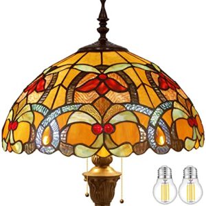 WERFACTORY Tiffany Floor Lamp Orange Liaison Stained Glass Standing Reading Light 16X16X64 Inches Antique Pole Corner Lamp Decor Bedroom Living Room Home Office S617 Series