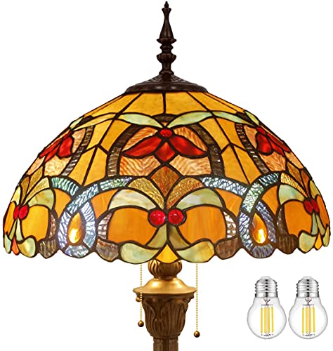 WERFACTORY Tiffany Floor Lamp Orange Liaison Stained Glass Standing Reading Light 16X16X64 Inches Antique Pole Corner Lamp Decor Bedroom Living Room Home Office S617 Series