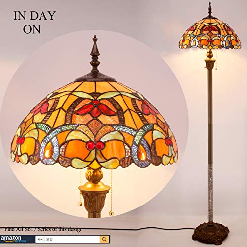 WERFACTORY Tiffany Floor Lamp Orange Liaison Stained Glass Standing Reading Light 16X16X64 Inches Antique Pole Corner Lamp Decor Bedroom Living Room Home Office S617 Series