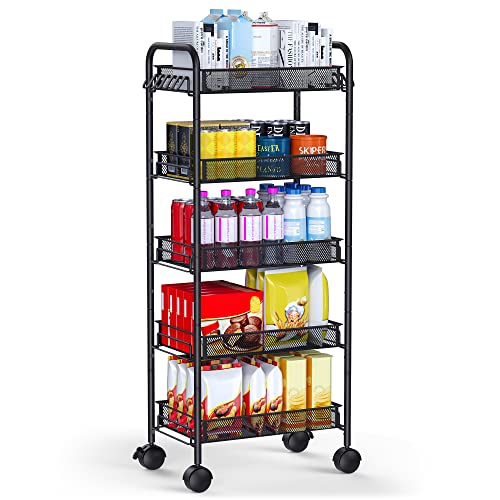 HomeHom Rolling Cart, 5-Tier Metal Rolling Storage Cart, Kitchen Storage Trolley with 2 Brakes, Utility Cart with Handles, Easy Assembly, for Bathroom, Kitchen, Office, Black