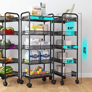 HomeHom Rolling Cart, 5-Tier Metal Rolling Storage Cart, Kitchen Storage Trolley with 2 Brakes, Utility Cart with Handles, Easy Assembly, for Bathroom, Kitchen, Office, Black