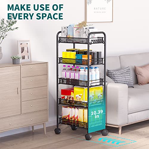 HomeHom Rolling Cart, 5-Tier Metal Rolling Storage Cart, Kitchen Storage Trolley with 2 Brakes, Utility Cart with Handles, Easy Assembly, for Bathroom, Kitchen, Office, Black